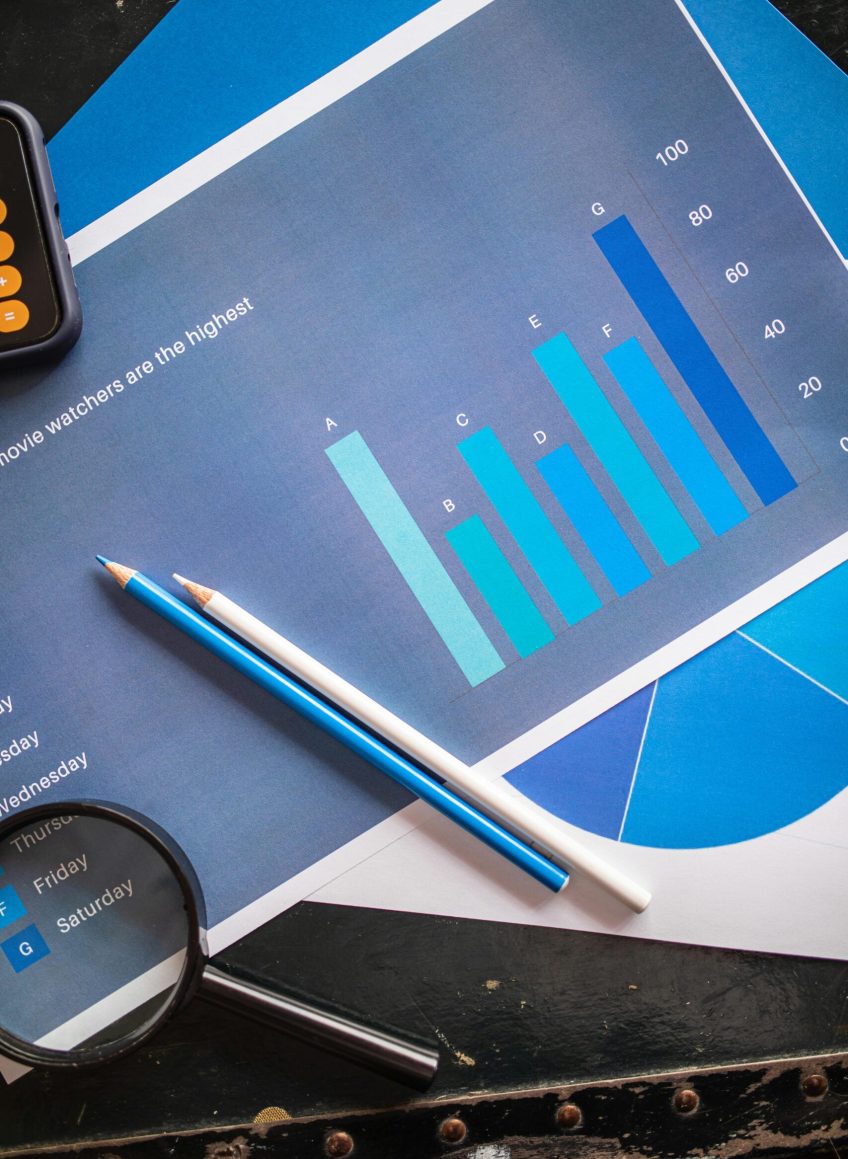 Analyzing business charts with pencils, calculator, and magnifying glass in an overhead flat lay.